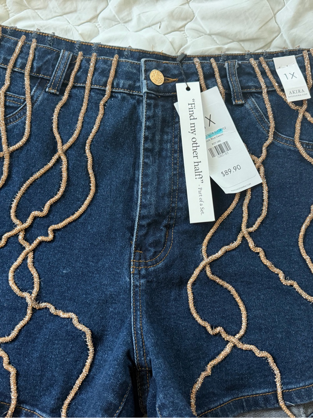 NWT AKIRA Dark Blue Denim Shorts with Gold Fringe - Picture 6 of 7